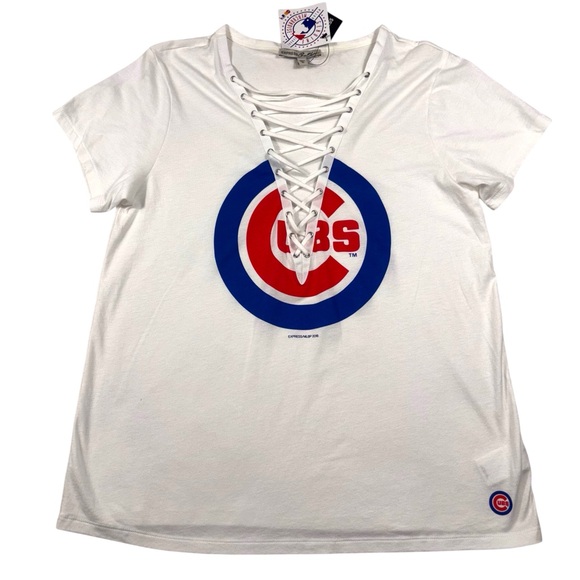 Express One Eleven Chicago Cubs MLB Top Cotton Lace Up V Neck Women’s‎ Size M - Picture 1 of 9
